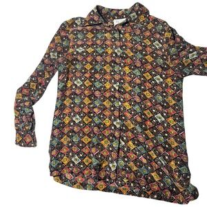 Tess Vintage 100% Silk Button Down Blouse Geometric Harlequin Print Womens Med